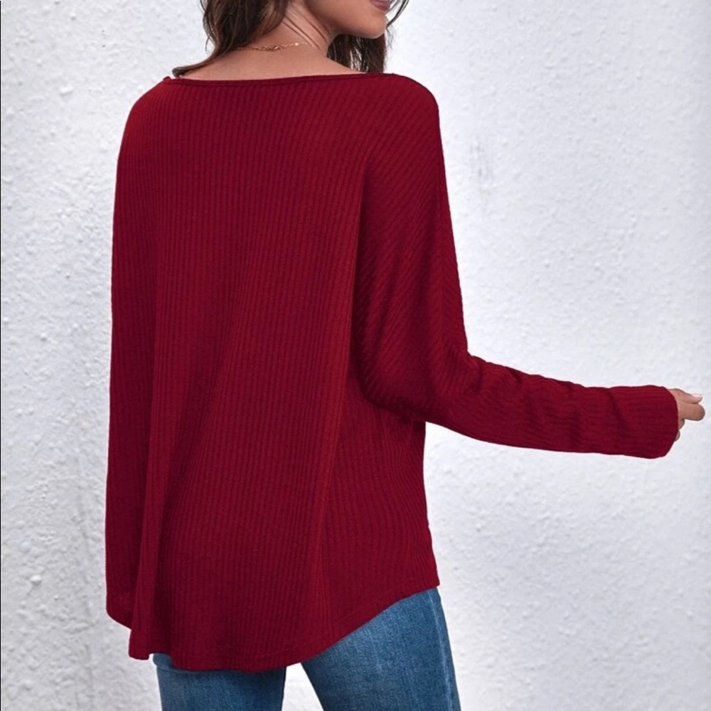Oversized ribknit dolman long sleeve tee top BLACK - Picture 5 of 8